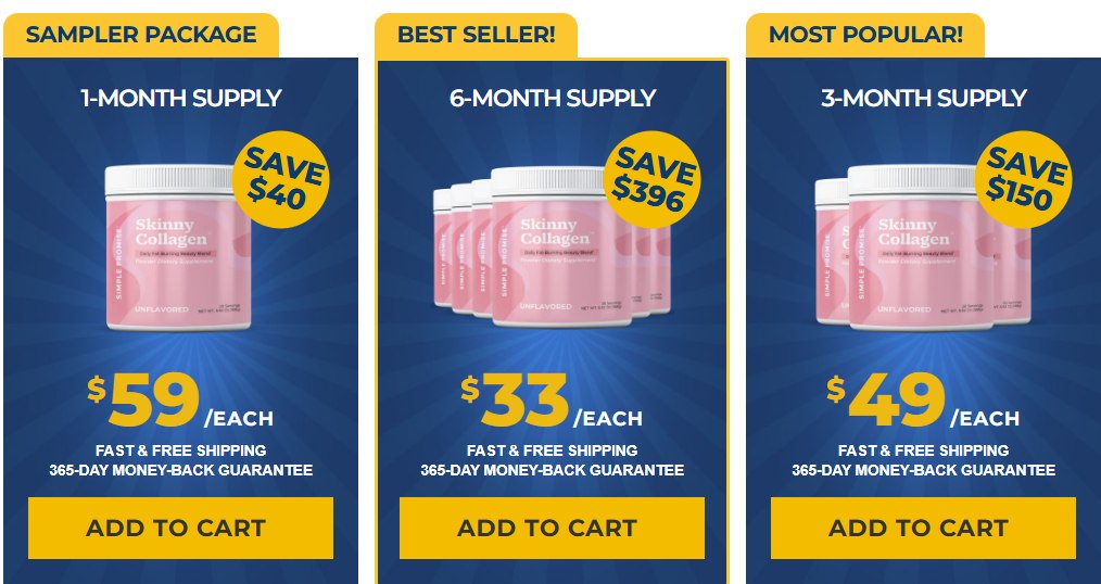 Skinny Collagen Fat Burning Blend USA pricing: 1, 3 and 6 month supply packages